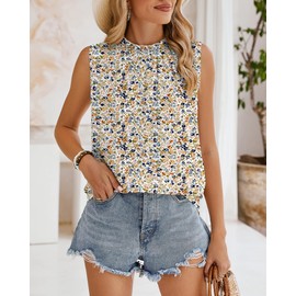 SimpleFun Sleeveless Tank Tops for Women High Neck Chiffon Floral Tank Top Beach Blouse for Summer White Green M