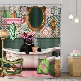 Riyidecor Funny Cat Shower Curtain 60Wx72H Inch Kids Pink Black Cat in Bathtub Kitten Cute Cartoon Animal Lovrely Vintage Fashion Pet Girl Bathroom Decor Fabric Polyester Waterproof 12 Pack Hooks