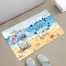 APROPHIC Summer Coastal Flower Bath Mat for Bathroom Decor, Ocean Seashell Bathroom Rug Non-Slip Carpet, Absorbent Quick-Drying Floor Mat, Ultra-Thin Fit Under The Door,17x24 in, Blue