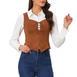 Allegra K Women's 2025 Vintage Faux Suede Vest Jacket Sweetheart Neck Sleeveless Lace Up Waistcoat Vest Small Brown