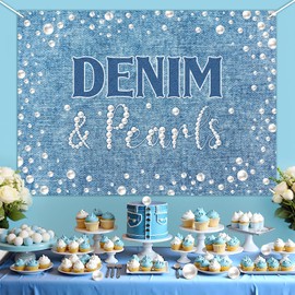 kreat4joy Denim and Pearls Party Decoration, Denim and Pearls Backdrop 7 * 5ft Blue Background Props for Woman Girl Birthday Bridal Shower Wedding Engagement Celebration Party Decoration