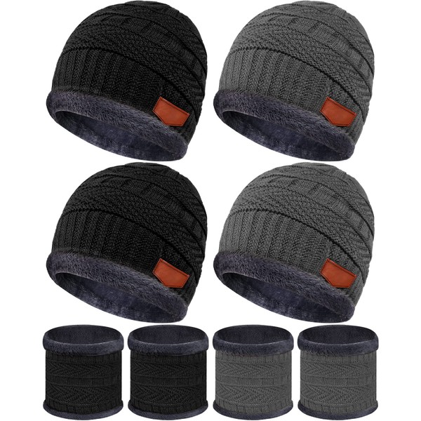Syhood 4 Sets Kids Winter Hat and Scarf Set Warm Fleece Lining Beanie Hats Knitted Cap Scarf for 5-14 Years Boys Girls (Black, Gray)