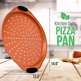 NutriChef 13-Inch Nonstick Pizza Tray - Round Carbon Steel Non-Stick Pizza Baking Pan with Perforated Holes, Premium Bakeware Pizza Screen with Silicone Grip Handles, Dishwasher Safe - Copper