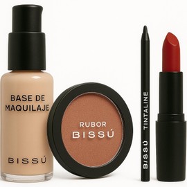 Kit Maquillaje Completo BISSÚ – Base Líquida Tono Beige, Rubor Cobre, Delineador Tinta-line Negro y Labial Mate Rojo (Set 4 en 1)