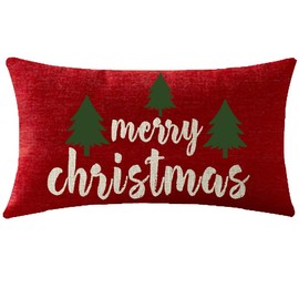 NIDITW Happy Holidays Merry Christmas Trees Red Cotton Linen Throw Pillowcase Cushion Cover Sofa Chair Decorative Rectangle 12x20 Inches (Green Tree)