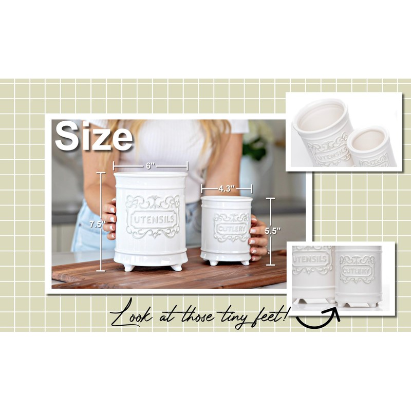 Large 7.3"+5.4" Elegant Ceramic Utensil Holder for Countertop, Cooking Utensils