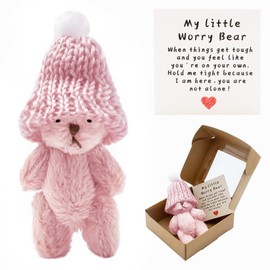 KCMOSGI Mini Worry Bear with A Hat, Positive Mini Bears, Little Worry Bears in A Box with Encouragement Little Card, Soft Handmade Pocket Bear for Lovers, Family, Friend