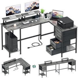 Korfile 59 inch L Shaped Computer Desk with Power Outlets, Home Office Desk with 4 Adjustable Storage Drawers & 2 Monitor Stands, Two Person Gaming Table for Bedroom, Grey
