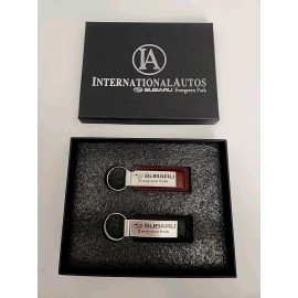 SUBARU ETCHED ON METAL LEATHER KEYCHAIN SET IN BOX Black & Brown EVERGREEN PARK