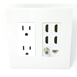 RiteAV 15A Power Outlet 4 Port HDMI 1 x Cat5E Ethernet 1 Coax Cable TV [Screwless] Wall Plate [White/White]