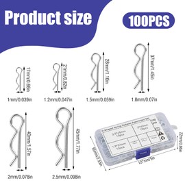 Pack of 100 Spring Cotter Pins Spring Pins Assortment, R Safety Cotter Pin Set in 6 Sizes, Galvanised R Spring Cotter Pins and R Locking Pin for Machines, Trailers, Vehicles, Bolts, Axles, Shafts