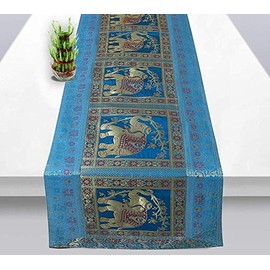 Real Online Seller Traditional Turquoise Silk Table Runner Decorative Silk Table Cloth Indian Decor Ethic Floral Designed Center Table Cover 60X16 Inchs