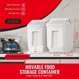 Happybuy Ingredient Storage Bin Set, 2 x 15L with Measuring Cups, Casters & Airtight Lid, for Pet Food or Kitchen, 2 Pcs, PP Material