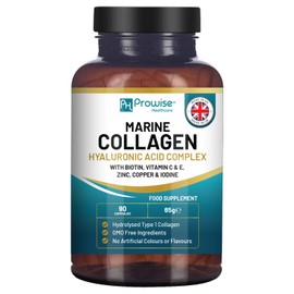 Marine Collagen with Hyaluronic Acid 1100mg | 90 Collagen Capsules High Strength for Women & Men | Vitamins C, E, B2, Biotin, Copper, Zinc & Iodine | Collagen Supplements Made in The UK by Prowise