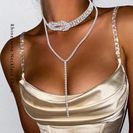 CanB Rhinestone Long Necklace for Women Silver Choker Necklaces Drop Dainty Lariat Y Necklace Chain