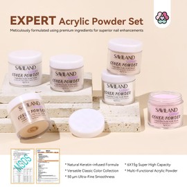 Saviland Acrylic Powder Set: Professional Keratin Nude Pink Acrylic Powder Clear White Acrylic Nail Powder Acrylic Nail Kit for Beginner Manicurist Nail Extension Home Salon Nail Care 0.5oz*6