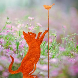 YardStory 27.17” Metal Cat and Bird Silhouette Stake - Rustic Garden Statue, Outdoor Yard Decoration, Cat Lover’s Gift, Weather-Resistant Garden Ornament