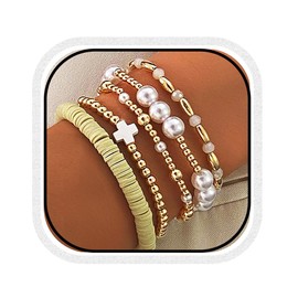 GORTIN Gold Stretch Bracelets for Women Beaded Stackable Bracelet Set Pearl Strand Bracelets Accessories for Women (L-Pearl-5 PCS, Free size)