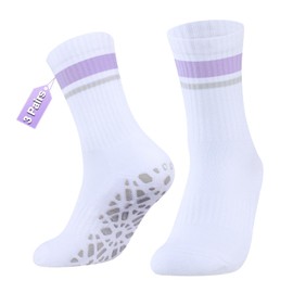 YUEDGE Ladies Non Slip Yoga Pilates Socks for Women 4-7, Whtie Cushioned Crew Grip Socks for Barre Ballet Dance, Anti Slip Gym Gymnastics Workout Training Athletic Socks with Violet Stripes, 3 Pairs