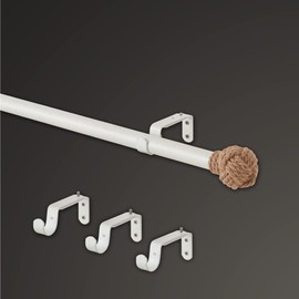 MODE Coastal Collection 1 1/8" Diameter Curtain Rod Set with Coastal Jute Curtain Rod Finials and Steel Wall Mounted Adjustable Curtain Rod, Fits 72” to 144” Windows, Weathered White