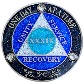 (Years 1-50) AA 39 Year Recovery Coin, Metal, Zinc, Crystals & Glitter Alcoholics Anonymous Medallion, Silver Color Plated, Black Rainbow, Blue Glitter and Three Clear Crystals, Epoxy Covered