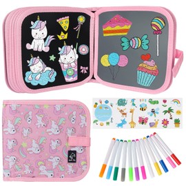 Erasable Book Doodle Set for Kids,Magic Drawing Book for Kids,Reusable Drawing Book 12 Watercolor Pens 14 Page Drawing,Road Trip Car Game Writing Painting Set for Boys and Girls (Pink Unicorn)