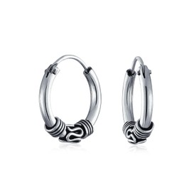Bali Style Tribal Swirl Continuous Endless Tiny Round Hoop Earrings Oxidized .925 Sterling Silver 1.2 Inch Diameter