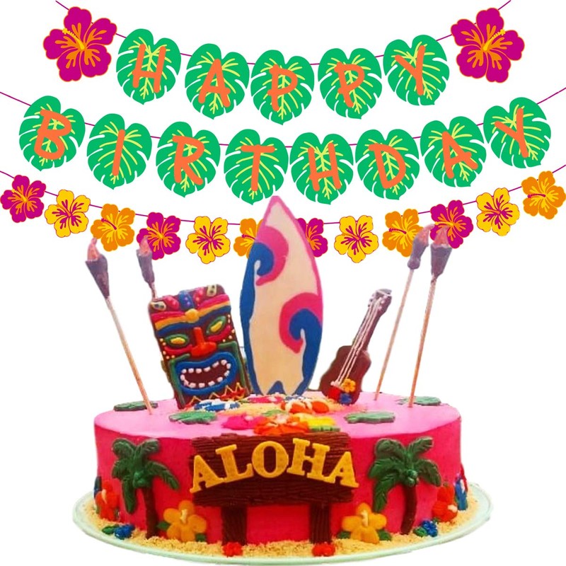 Hawaiian Party Happy Birthday Banner for Tropical Luau Party Palm