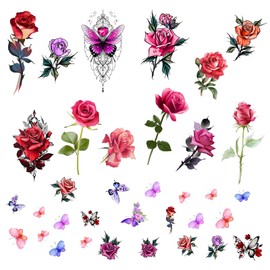 Temporary Tattoos, Black Roses and Colourful Flowers Design, Stickers for Women (Rosy)