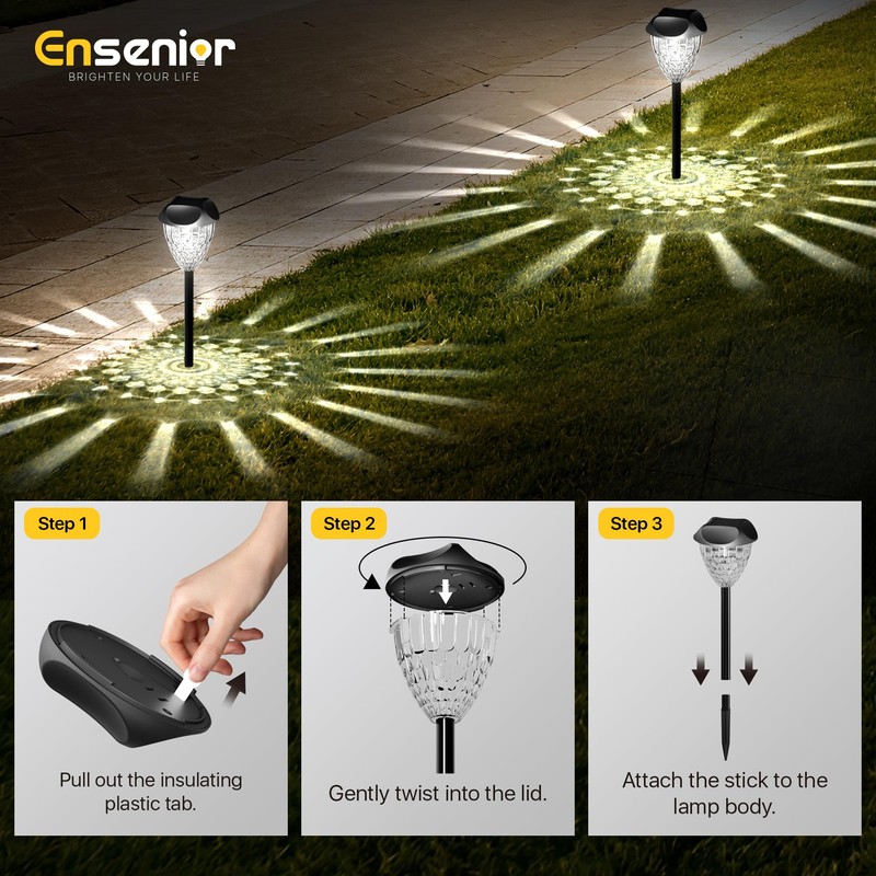 Ensenior 8-Pack Solar Lights Outdoor, Auto ON/Off 6500K LED Solar