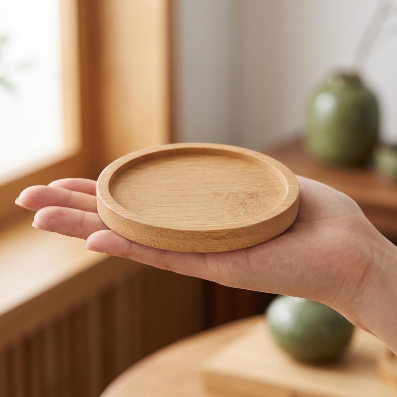 KALLORY Set of 6 Round Bamboo Coasters Mosaic Design Cup