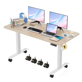 Legooin Electric Standing Adjustable Height Desk 55'' x 24''Sit Stand Desk with Double Hooks and Wheels, 27''-45'' Lifting Range Stand up Desk(Oak)