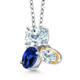 925 Silver and 10K Yellow Gold Sky Blue Aquamarine and Blue Created Sapphire Pendant Necklace For Women (2.70 Cttw, Oval 8X6MM, 7X5MM and 6X4MM, Gemstone March Birthstone, with 18 Inch Chain)