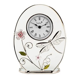 Widdop Glass Floral Mantel Table Clock w/Dragonfly Handpainted 16cm