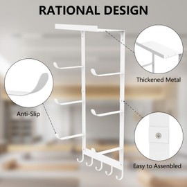 LSK Yoga Mat Holder Wall Mount, White Yoga Mats Storage Rack, Home Gym Storage with Metal Floating Shelf for Storing Fitness, Yoga Mat Rack with 5 Hooks for Hanging Foam Rollers and Resistance Bands