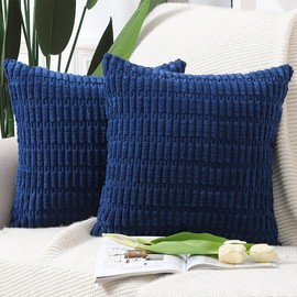 Madizz Pack of 2 Boho Striped Corduroy Throw Pillow Covers 16x16 inch, 40x40 cm, Dark Blue Soft Decorative Cushion Cover for Sofa Bedroom Pillow Shell