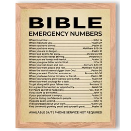 Bible Emergency Numbers – Christian Wall Decor Print, Vintage Inspirational Faith Art for Living Room, Office, Church, or Room Decor (Natural Oak Framed, 8 x 10 inches)