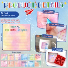 Yinder 24 Pcs Employee Appreciation Sticky Notes Thank You Gifts Bulk Note Pads with Sayings Teacher Gift Mini Pocket Inspirational Notepads for Coworker Office Supply 3 x 3''(Watercolor,Thanks)