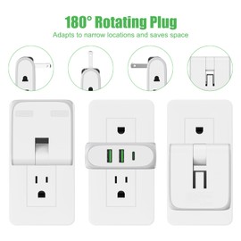 Multi Plug Outlet Extender, HICITY Outlet Splitter with Rotating Plug 2 AC Outlet and 2 USB Ports & 1 USB C Port, 3-Sided 180° Rotation Power Strip for Home, Office, Travel