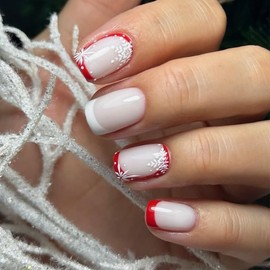NEWSPIED Christmas Press on Nails Short Square Fake Nails Red White French Tip Glue on Nails with Snowflake Glossy Designs Full Cover Acrylic Nails Christmas False Nails for Women Girls 24Pcs