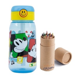 OM SUPPLIES Mickey Characters Childrens Reusable Drinking Bottle 510ml - Holiday, Back to School Lunch Kids BPA free Plastic Includes Half Size 12pcs Pencil Set (Mickey)