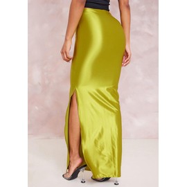 Molisry Women's Satin Side Slit Skirt High Waisted Soft Elegant Casual A-Line Cocktail Wedding Long Maxi Skirt Yellow