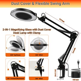 15X Magnifying Glass with Light, Real Glass Lens, 84 LEDs, 5 Color Modes, 10 Brightness Dimmable, Adjustable Swing Arm with Clamp, Hands-Free Magnifier for Reading, Crafts, Repair, Sewing, Close Work
