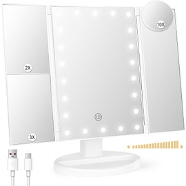 Espejo de Maquillaje Triptico con 2X 3X 10X Aumentos, Espejo con 21 LED Luz                                                                           