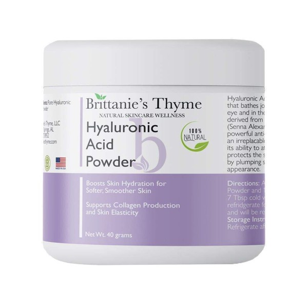 Brittanie's Thyme Pure Hyaluronic Acid Serum Powder, 40 Grams | High Molecular Weight, Cosmetic Grade, 100% Natural, Boosts Skin Hydration for Softer, Smoother Skin