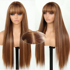 Glueless Wear and Go Straight Wigs with Bangs 6x4 Lace Front Wig ,Pre Style Realistic Look with True Scalp Tiny Knots 200% Density:_4/27 Ombre Highlight_24Inch