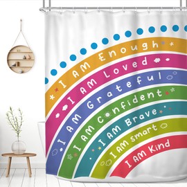 MESHELLY Kids Boho Rainbow Shower Curtain 60Wx72H for Baby Girls Boys Bright Colorful Inspirational Quotes Bathroom Curtain Positive Bath Curtain Cloth Fabric Bathroom Accessories Decor with 12 Hooks