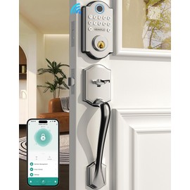 Keyless Fingerprint Door Lock Set: HEANTLE WiFi Front Door Lock with Handles - Alexa Smart Electronic Digital Keypad Deadbolt Sets App Remote Control Auto Satin Nickel