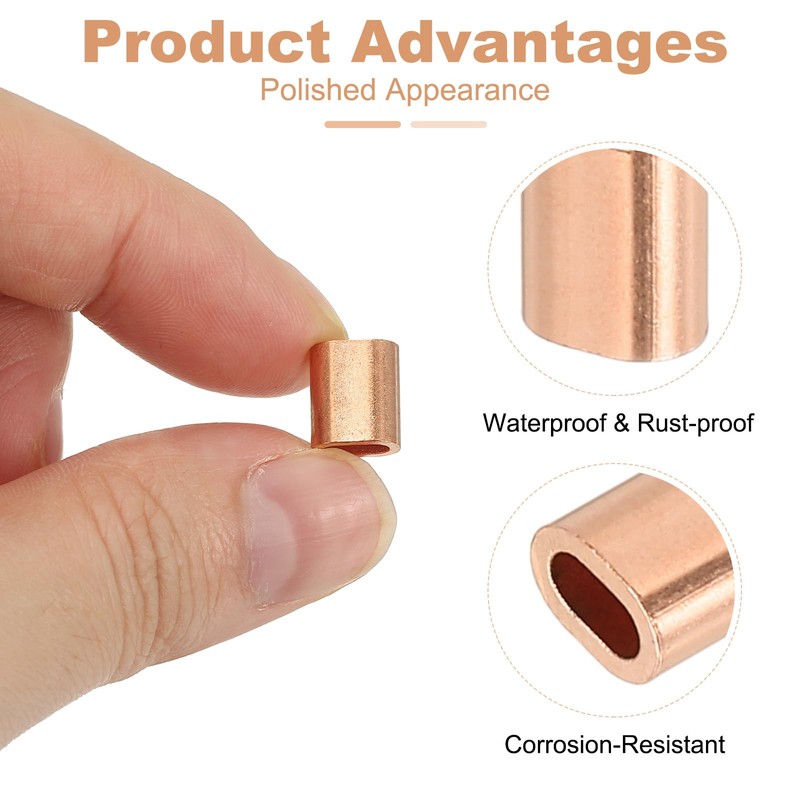 sourcing map 1/8"(2.5mm) Wire Rope Stop Sleeve, Copper Crimping Loops