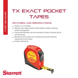 Starrett Exact Retractable Imperial/Metric Pocket Tape Measure with Nylon Coating, Self Adjusting End Hook, and Steel Belt Clip - 1/2" Width, 12 ft. Length - KTX12-12ME-N